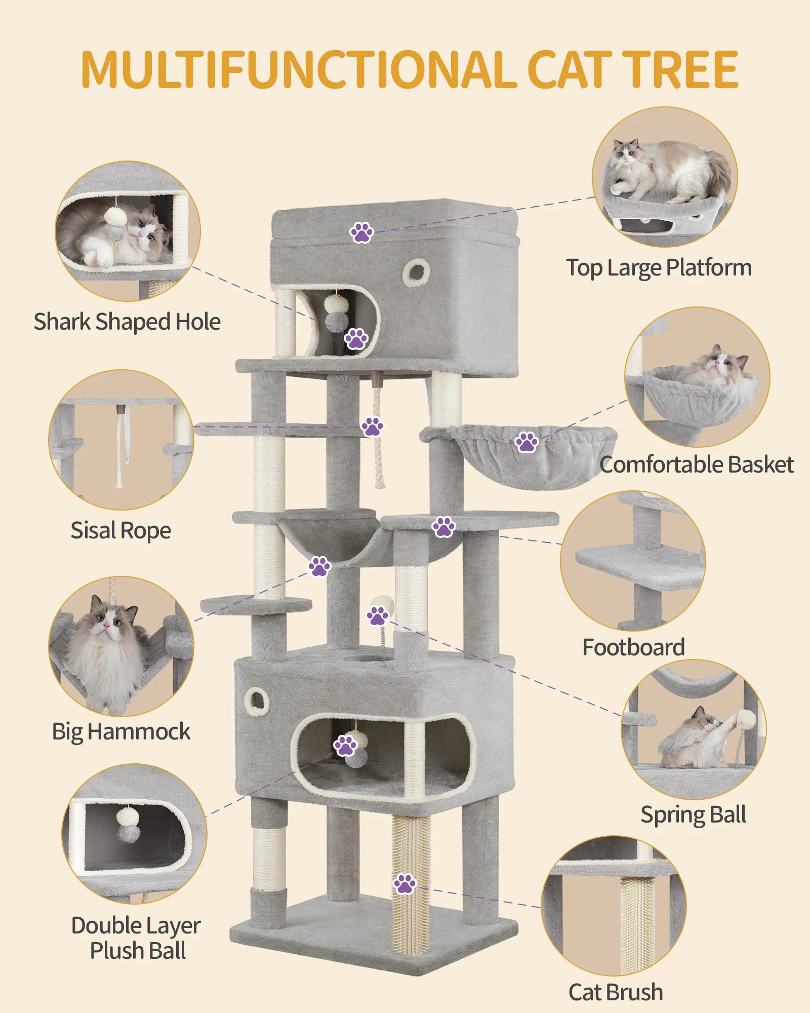 178 cm family sized Cat tree with 2 large Caves & 7 Sisal Posts