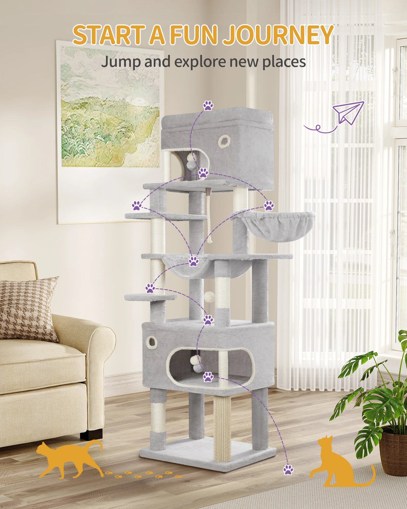 178 cm family sized Cat tree with 2 large Caves & 7 Sisal Posts