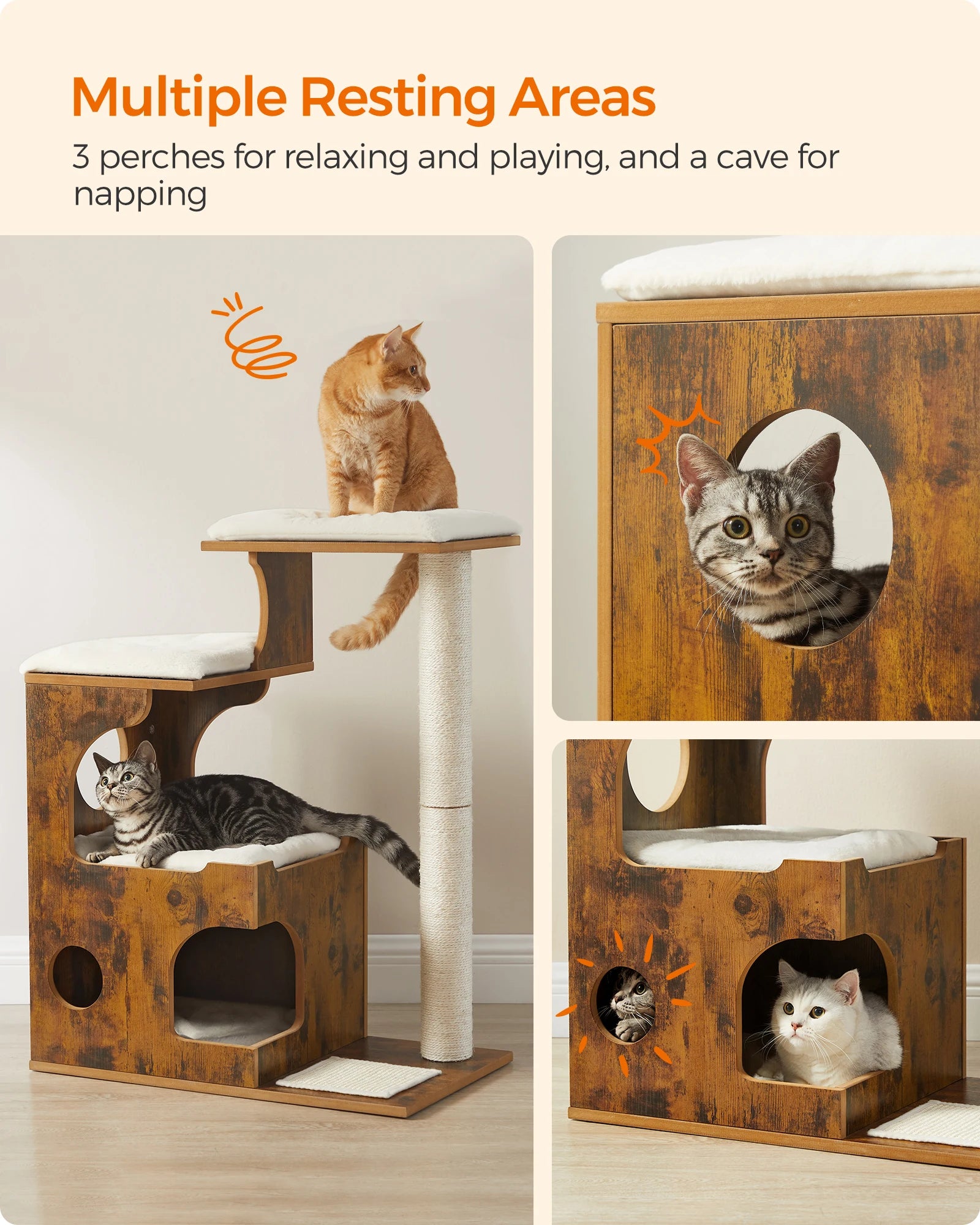 Feandra-Luxurious Cat Tree, Medium Cat Tower with 3 Beds (86 cm)