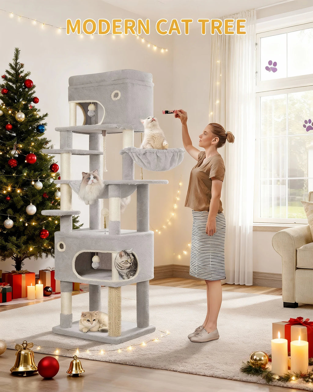 178 cm family sized Cat tree with 2 large Caves & 7 Sisal Posts