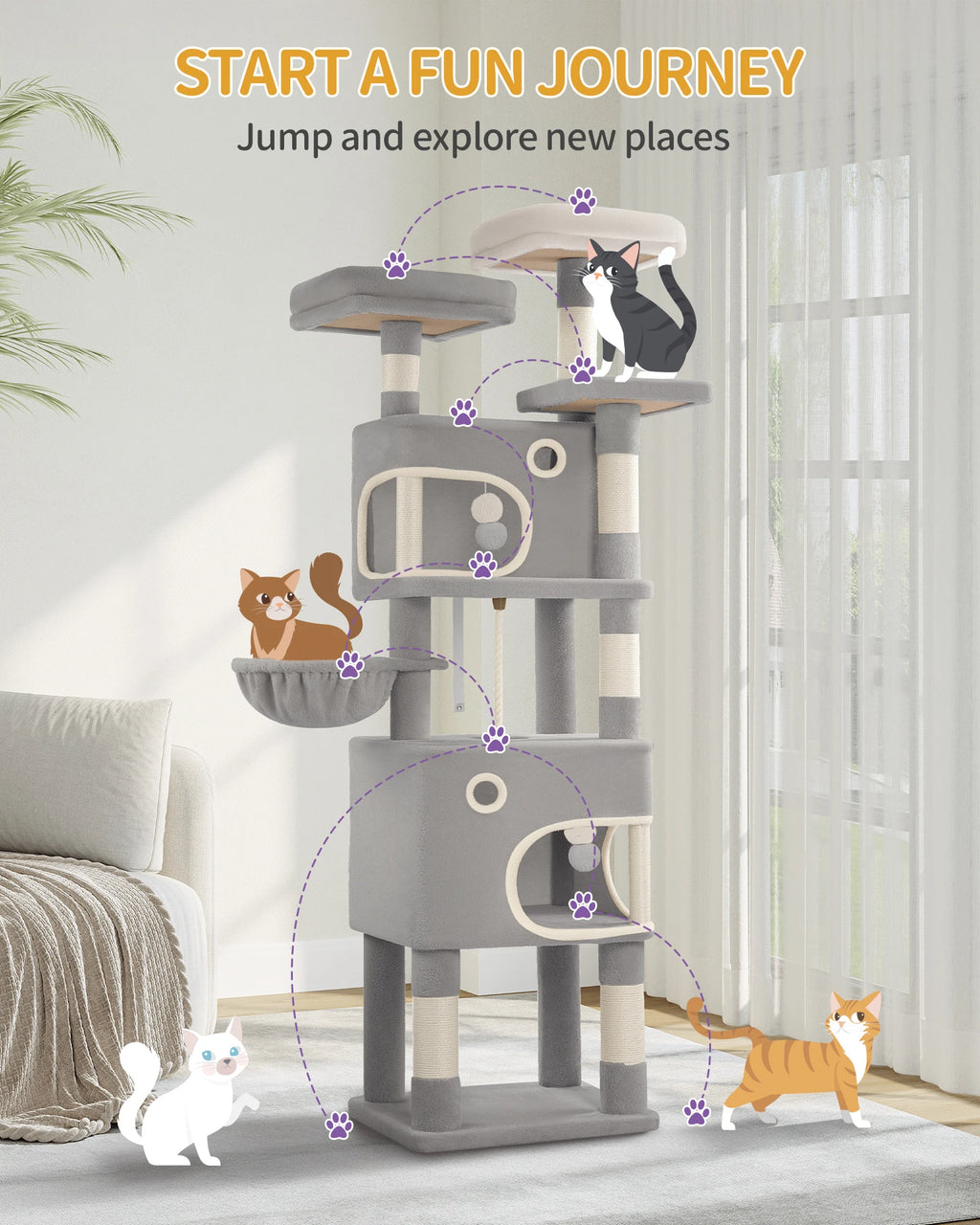 180 cm Multi-Level Cat condo with 8 Scratching Posts & 2 cat caves