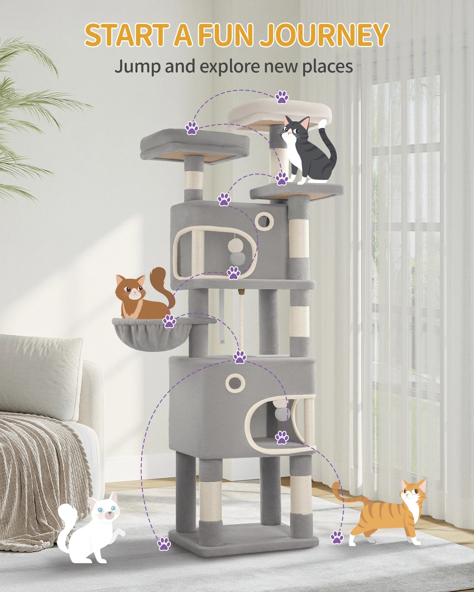 180 cm Multi-Level Cat condo with 8 Scratching Posts & 2 cat caves