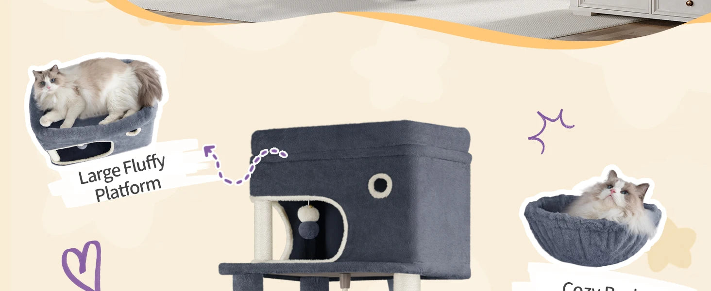 178 cm family sized Cat tree with 2 large Caves & 7 Sisal Posts