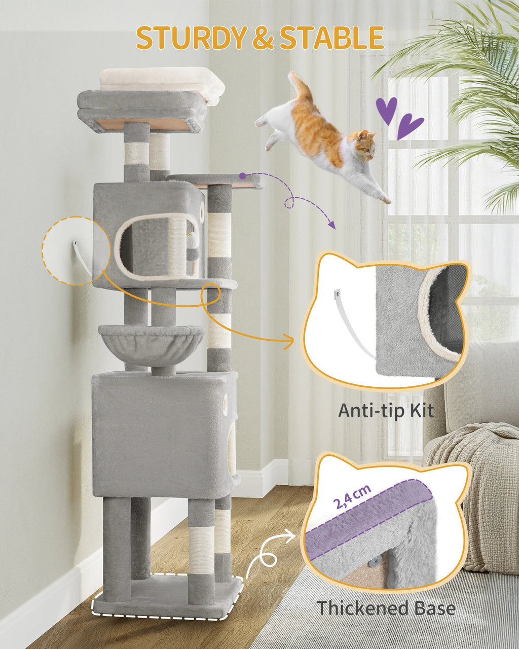 180 cm Multi-Level Cat condo with 8 Scratching Posts & 2 cat caves
