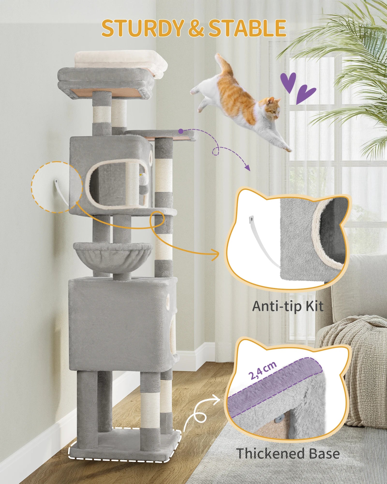 180 cm Multi-Level Cat condo with 8 Scratching Posts & 2 cat caves