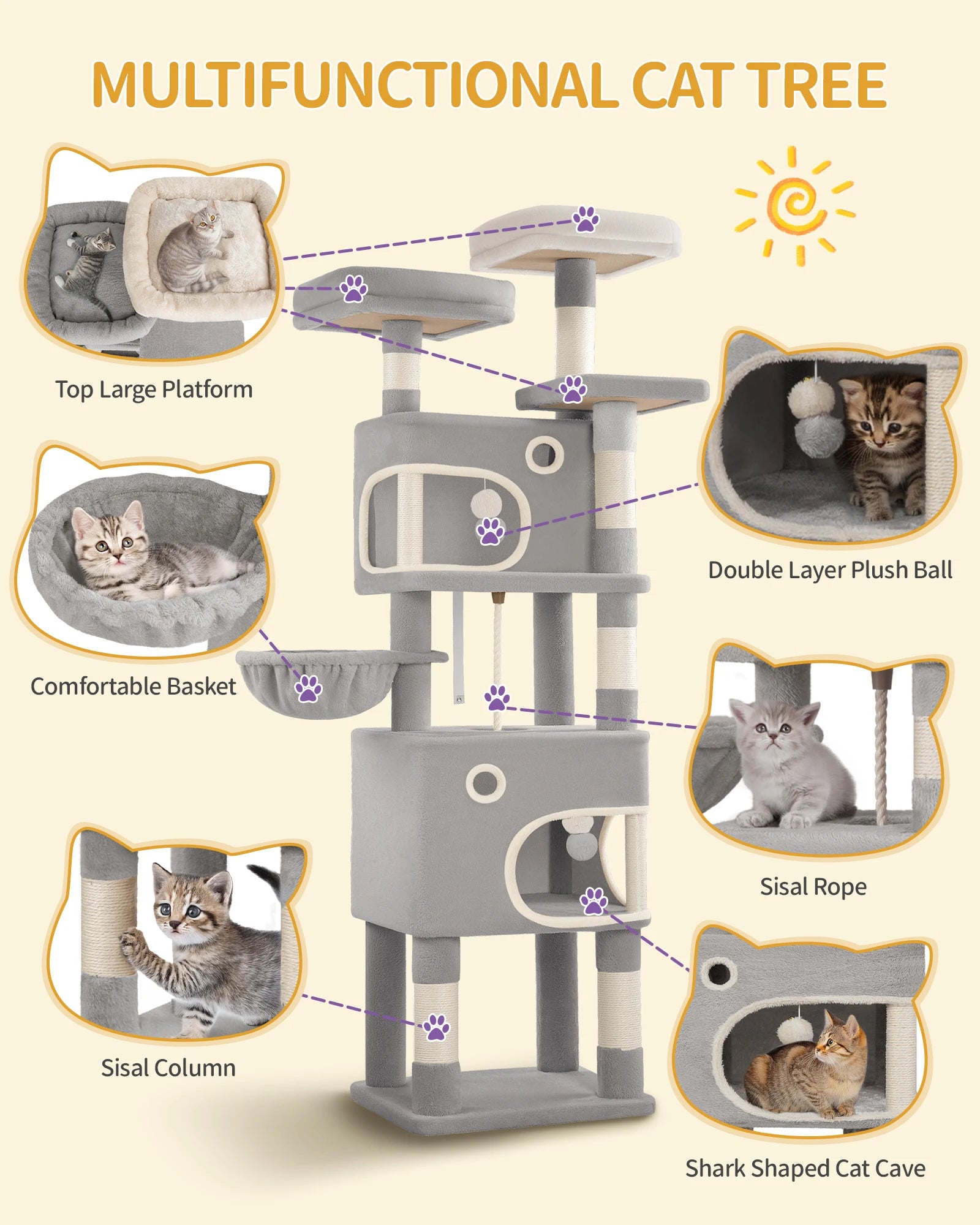 180 cm Multi-Level Cat condo with 8 Scratching Posts & 2 cat caves