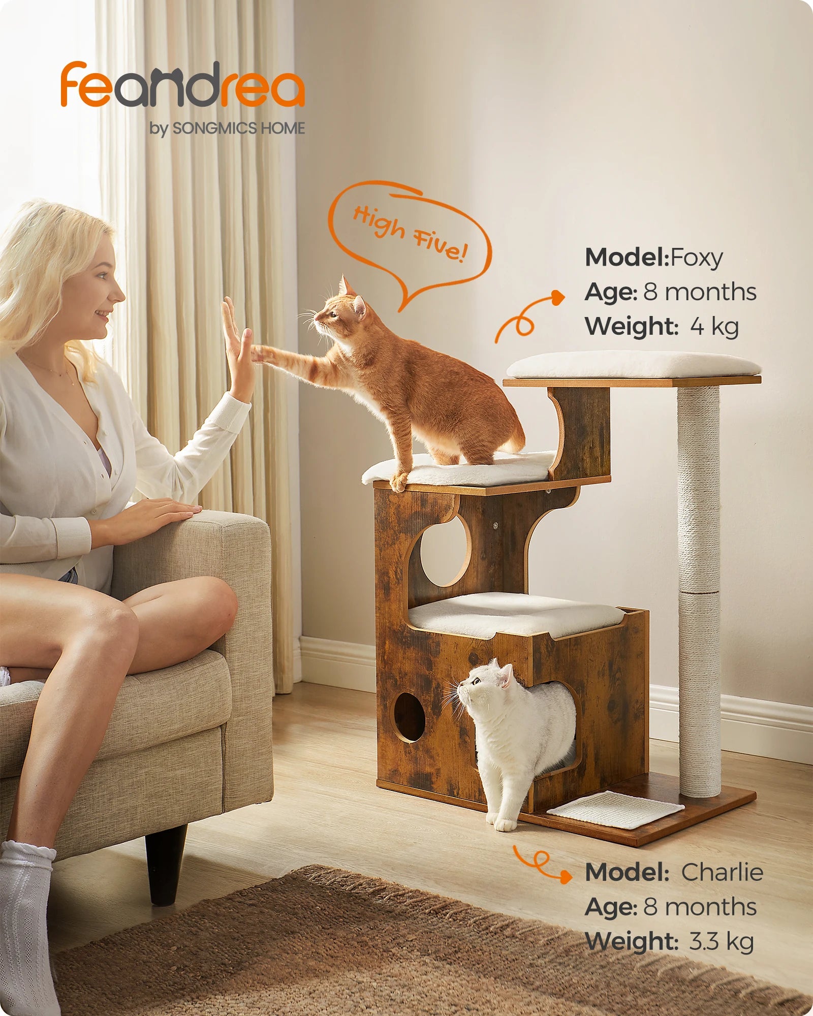 Feandra-Luxurious Cat Tree, Medium Cat Tower with 3 Beds (86 cm)