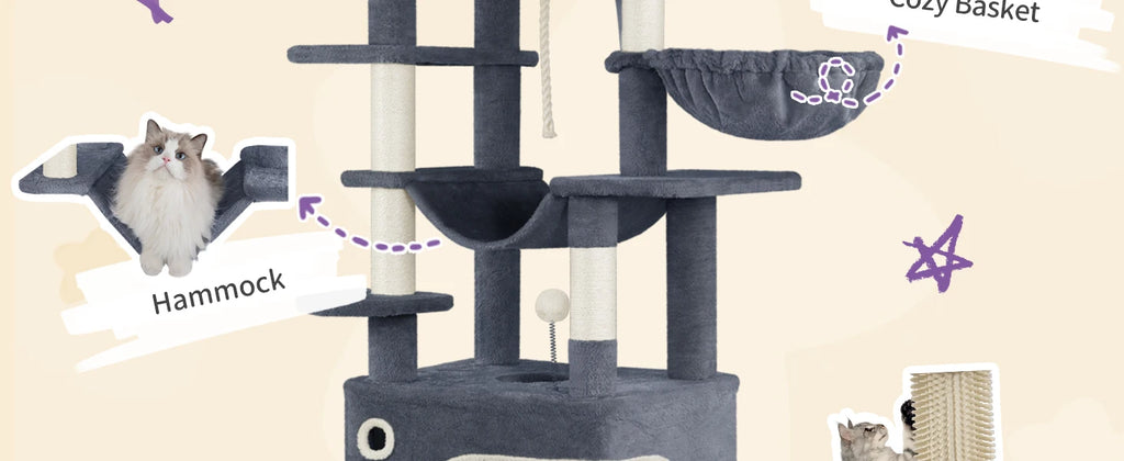 178 cm family sized Cat tree with 2 large Caves & 7 Sisal Posts