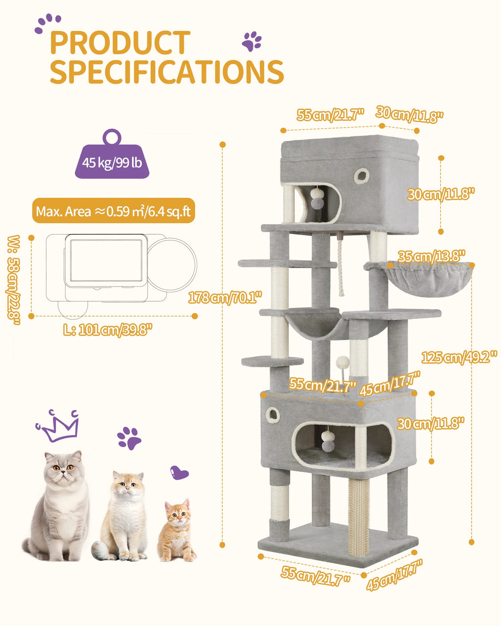 178 cm family sized Cat tree with 2 large Caves & 7 Sisal Posts