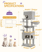 178 cm family sized Cat tree with 2 large Caves & 7 Sisal Posts