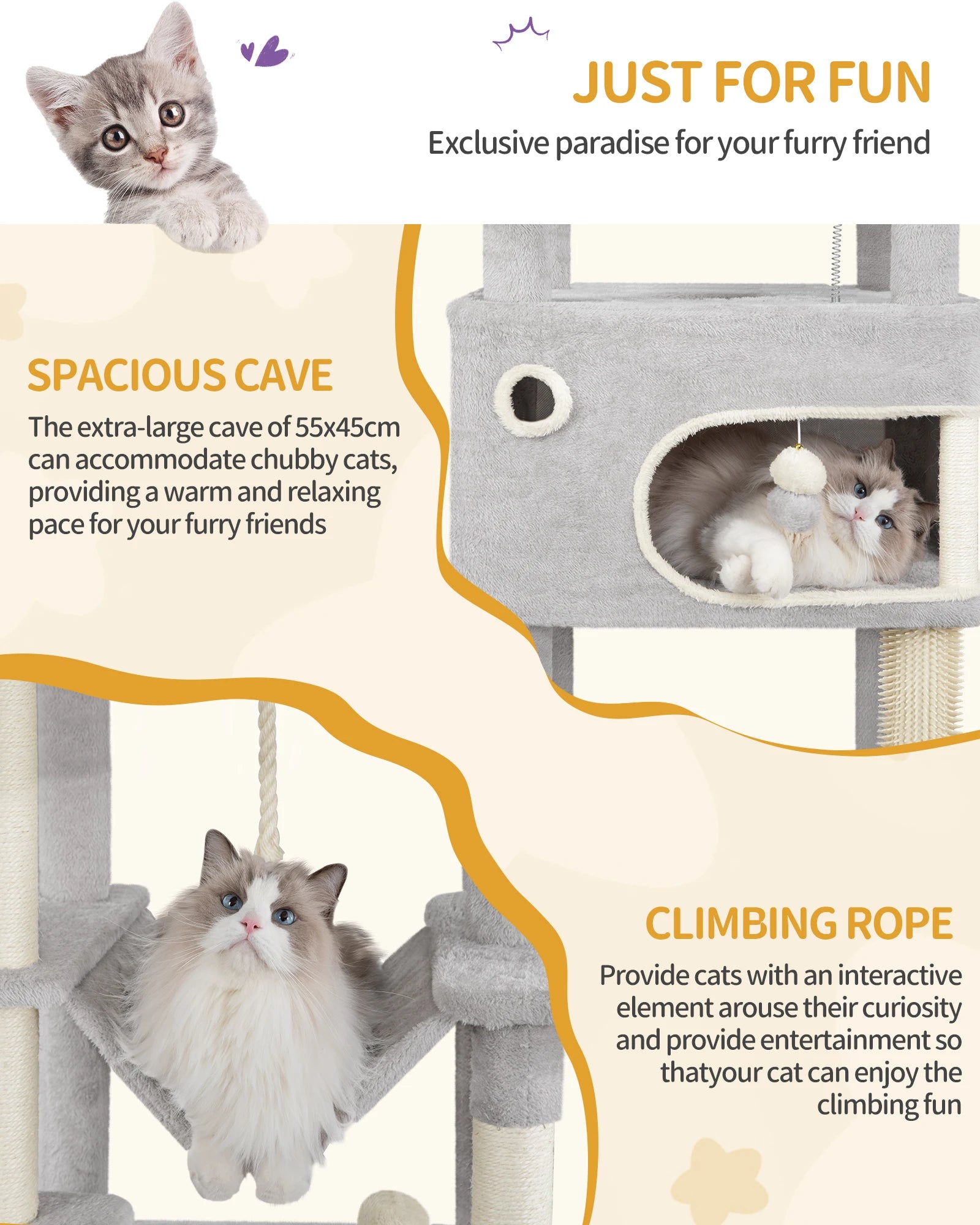 178 cm family sized Cat tree with 2 large Caves & 7 Sisal Posts