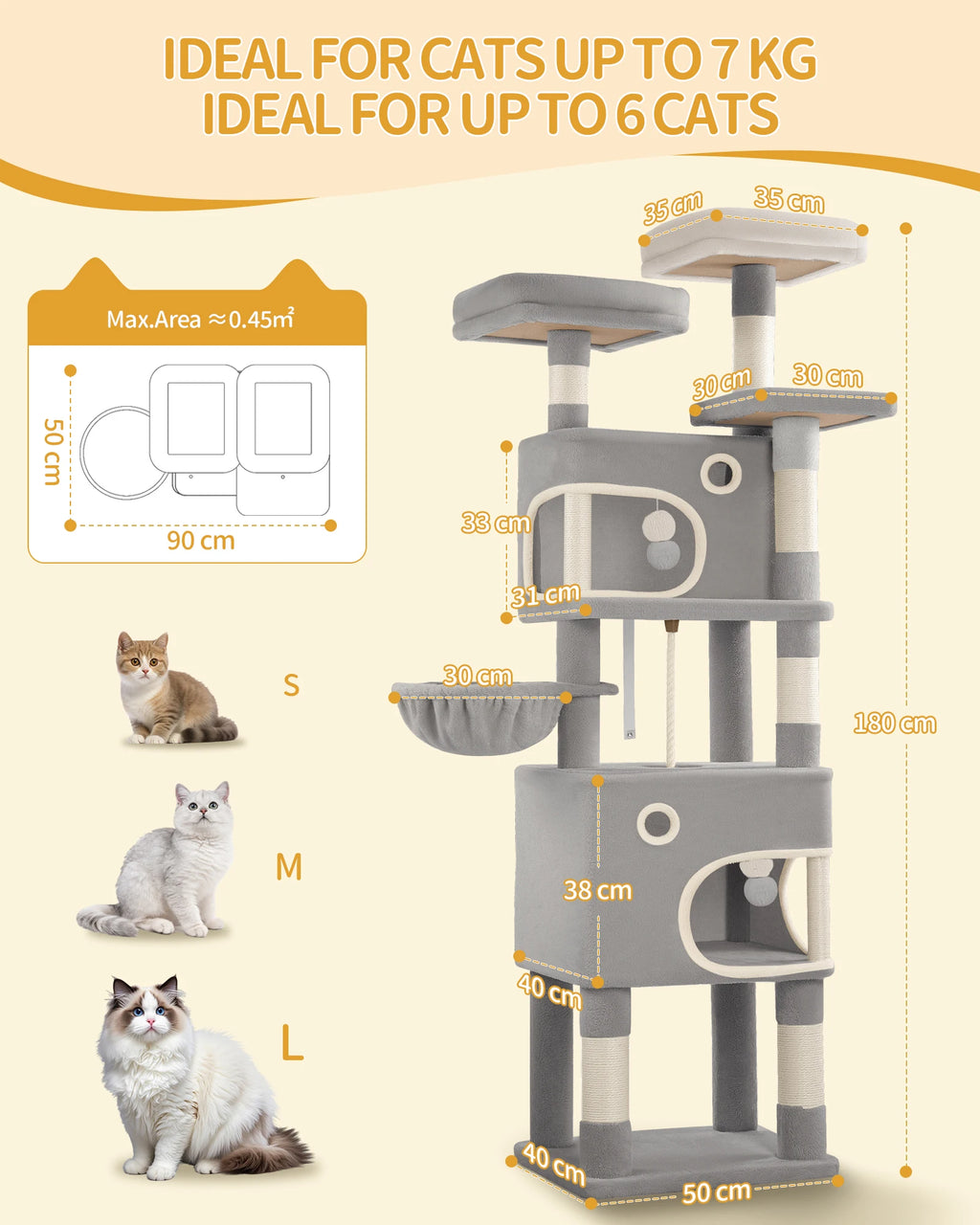 180 cm Multi-Level Cat condo with 8 Scratching Posts & 2 cat caves