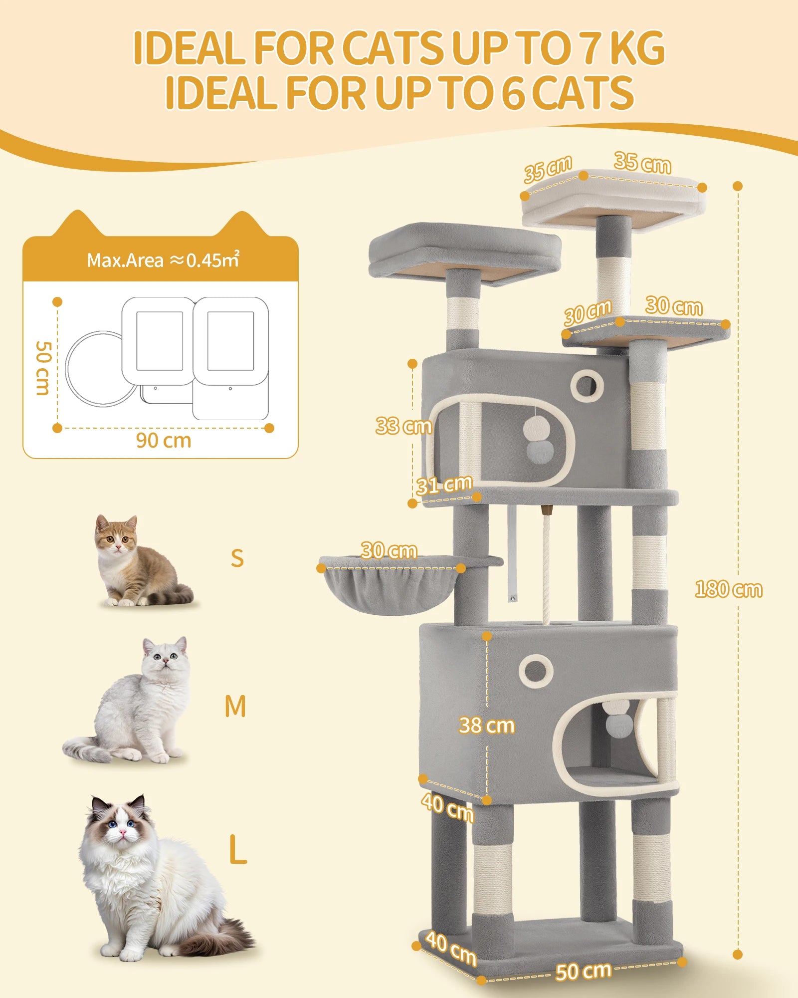 180 cm Multi-Level Cat condo with 8 Scratching Posts & 2 cat caves