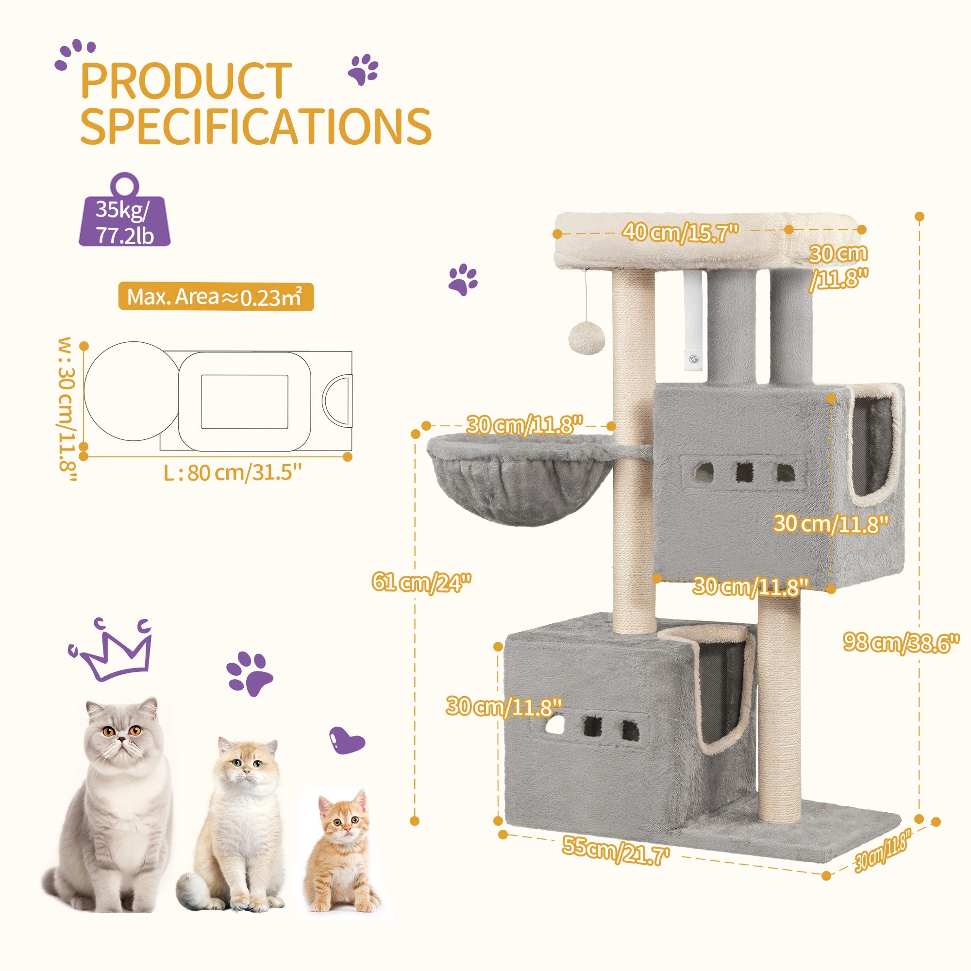 98 cm Multi-Level Cat Tree with 2 Cats caves