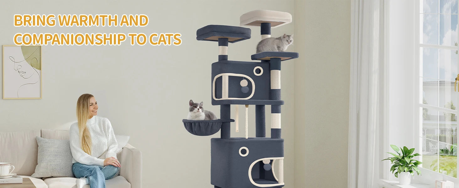 180 cm Multi-Level Cat condo with 8 Scratching Posts & 2 cat caves