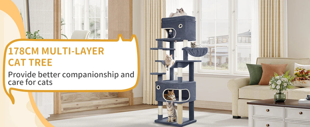 178 cm family sized Cat tree with 2 large Caves & 7 Sisal Posts