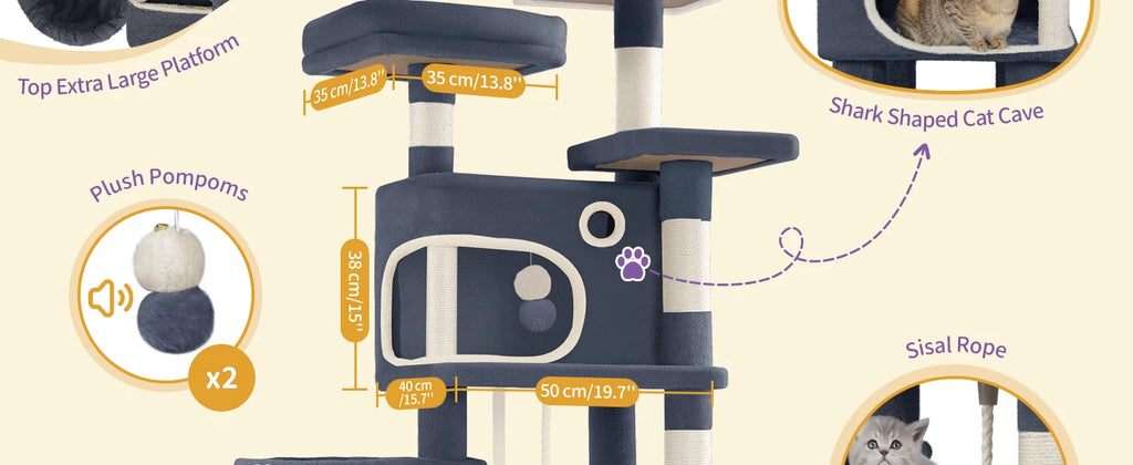 180 cm Multi-Level Cat condo with 8 Scratching Posts & 2 cat caves