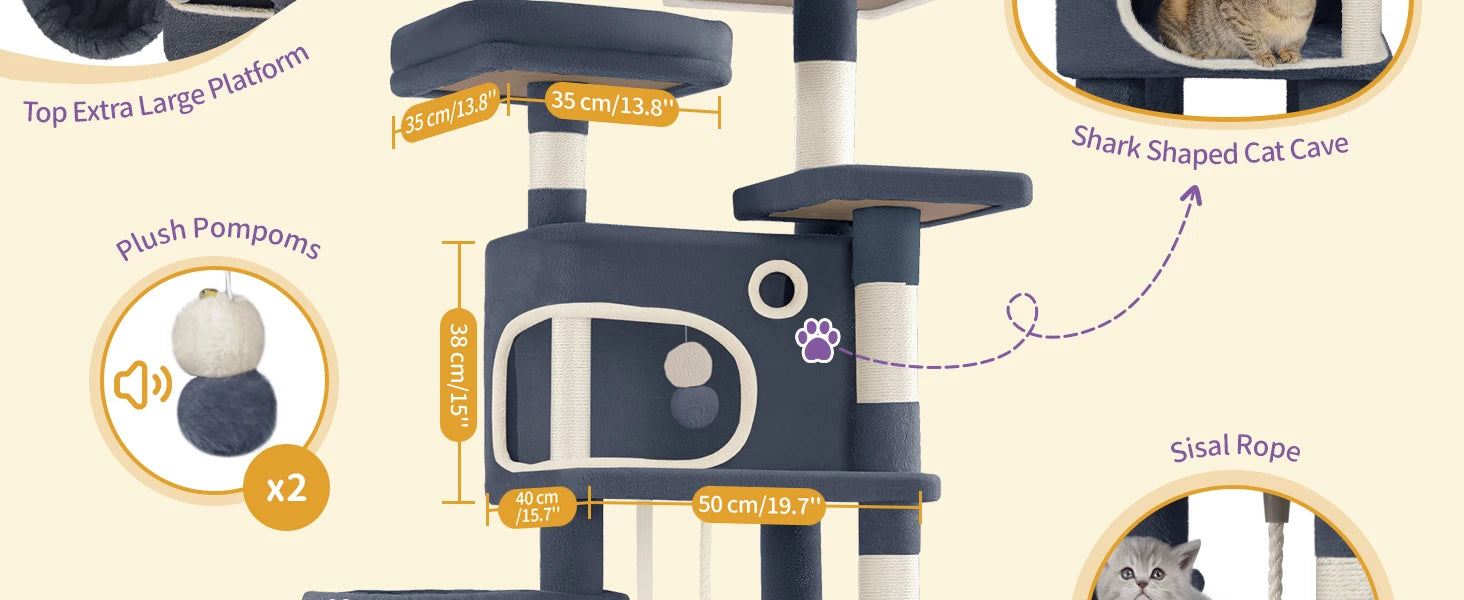 180 cm Multi-Level Cat condo with 8 Scratching Posts & 2 cat caves